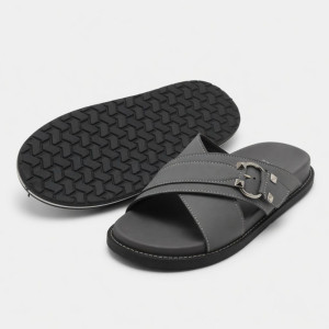 Classic Grey Cross Strap Slide Sandals with Metal Ring Accent